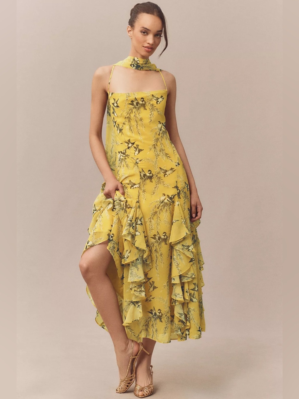 BHLDN Chiffon Cowl-Neck Cross-Back Ruffle Midi Dress